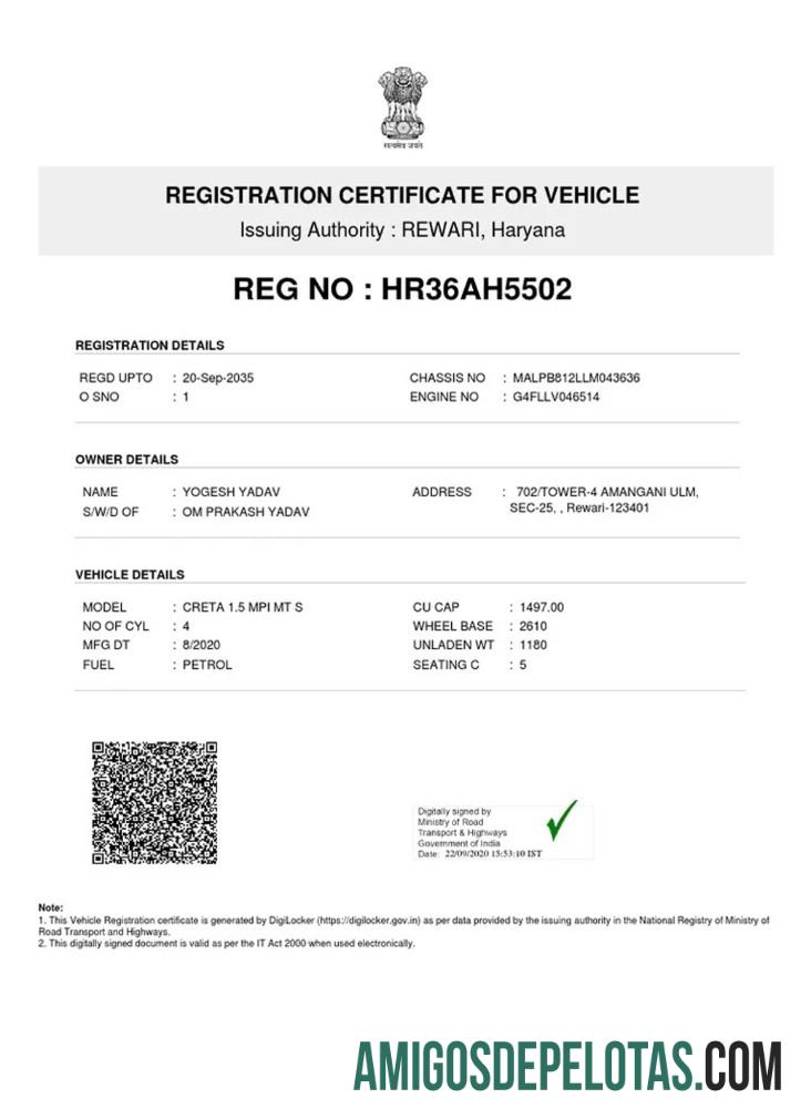 India Vehicle Registration Certificate exemplo